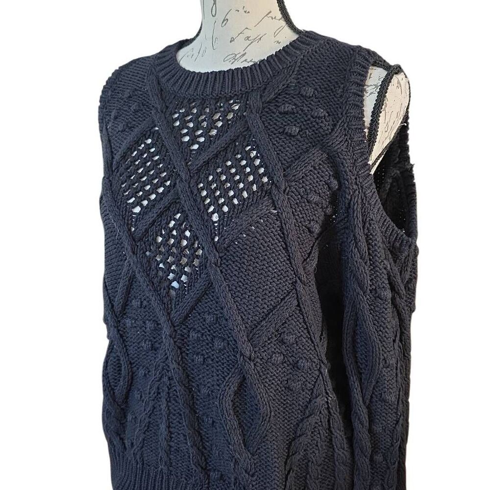 Lucky Brand Women's Size Medium Black Cold Shoulder Chunky Knit Sweater - Picture 2 of 6